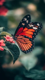 Monarch butterfly in macro profile on coral blossom perch.