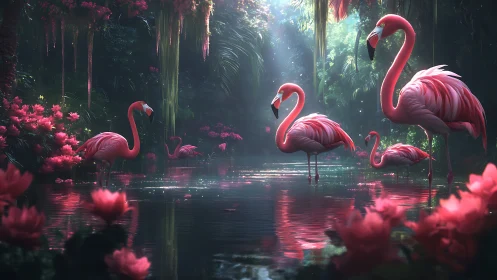 Flamingos stand in luminous jungle lagoon with drifting blooms