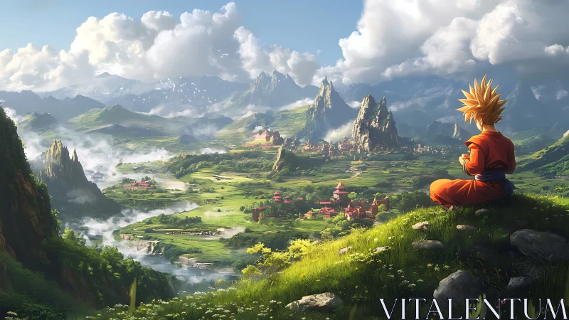 Spiky haired figure overlooking wide valley landscape.