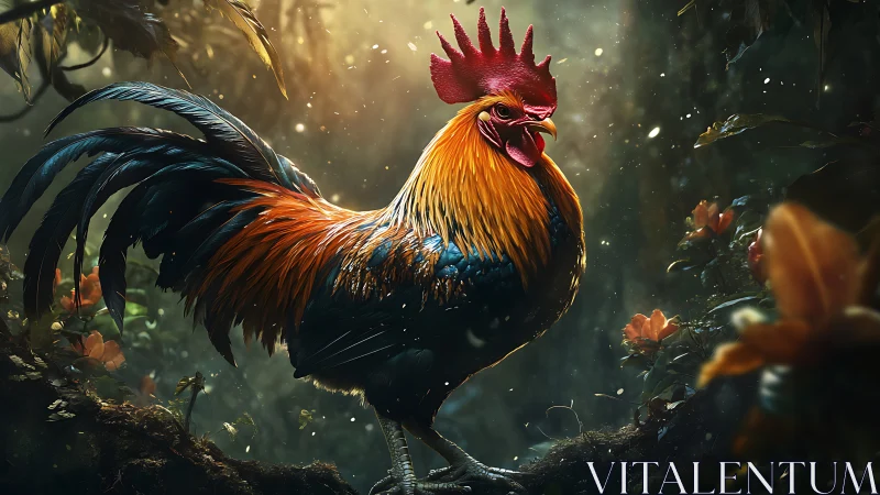 Radiant Rooster in Nature's Mystical Glow.