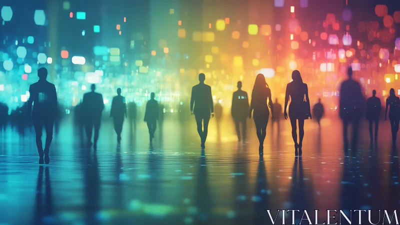 Silhouetted figures in chromatic data metropolis at dusk.