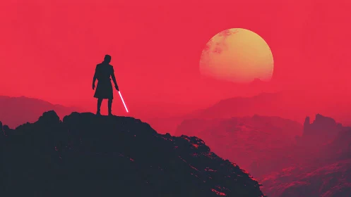 Silhouetted figure with energy blade on red alien terrain.