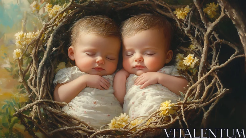 Twin Cherubs Dream in Nature's Woven Cradle