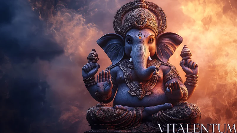 Highly detailed Ganesha idol lit by dual-color volumetric smoke field