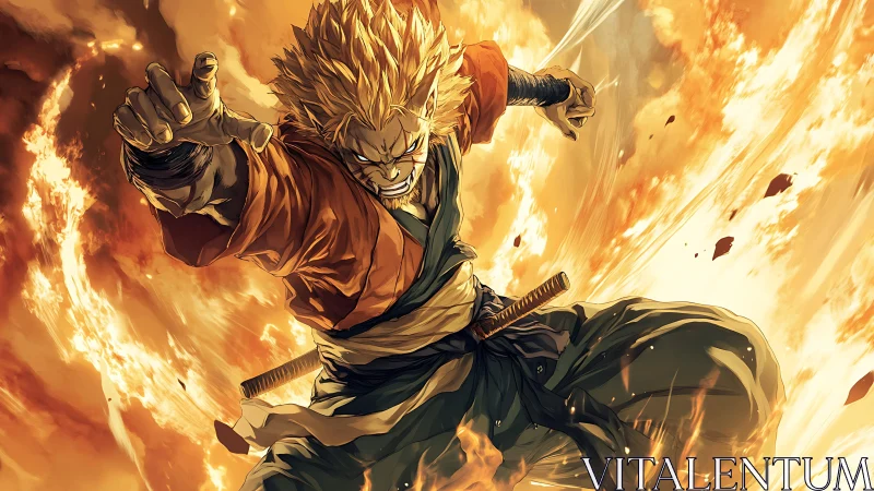 Dynamic male fighter extends arm amid controlled flame arcs