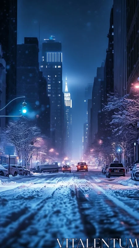Nocturnal snowy avenue with axial skyscraper illumination.
