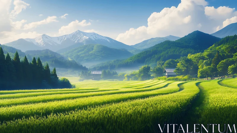 Terraced green fields extend toward forested hills and peaks