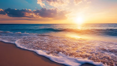 Golden hour sun illuminates calm ocean surf and shoreline