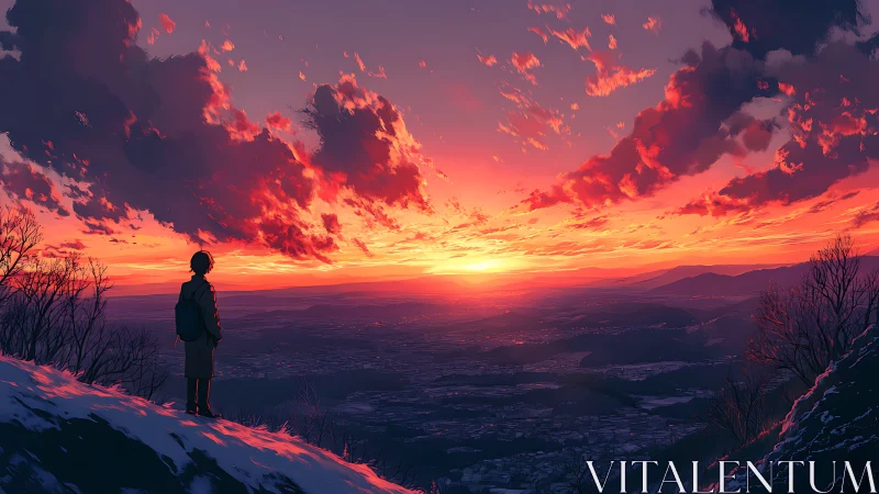 Solitary figure observing panoramic city at incandescent sunset