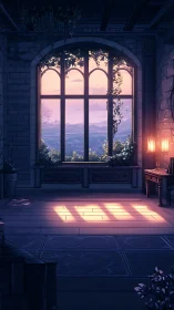 Twilight window chamber overlooking distant pastel valley.