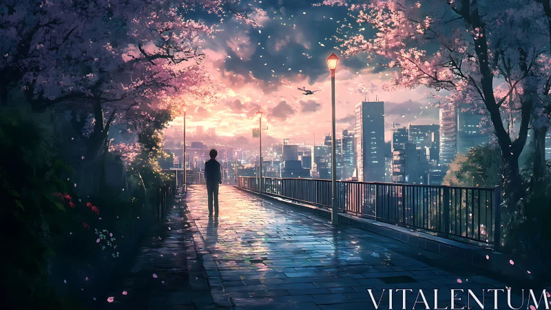 Twilight cherry blossom promenade above illuminated city skyline