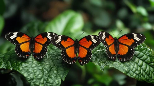 Three orange black butterflies rest aligned on wet foliage