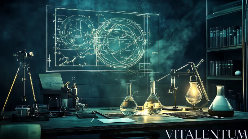 Glowing laboratory table frames ethereal scientific blueprint.