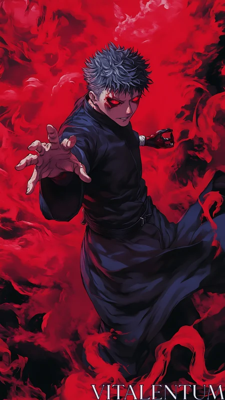 Dark anime sorcerer in red swirling energy field.