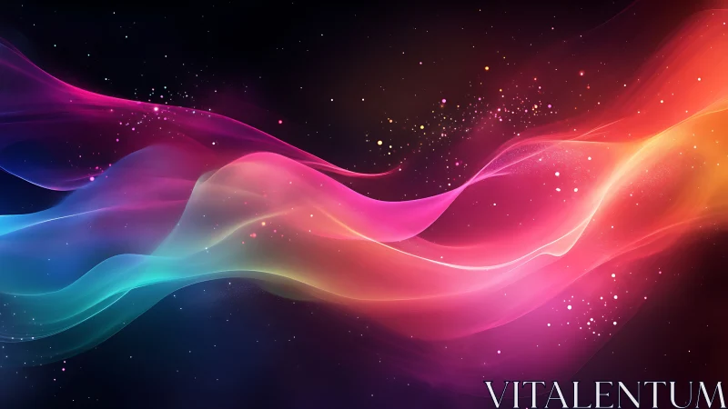 Prismatic light waves drifting through a cosmic nightscape.