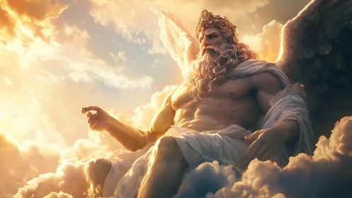 Celestial bearded deity seated in radiant cloudscape panorama.