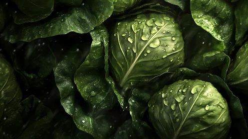Green cabbage heads show wet leaves with clear water drops