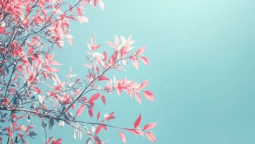 Minimalist pastel tree branches with pink leaves against blue sky.