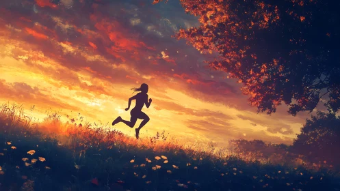 Silhouette runner crossing ember-lit meadow at sunset sky.