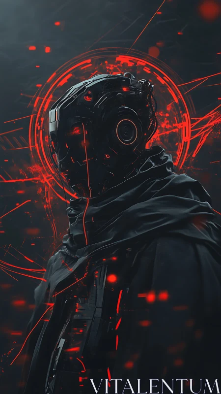 Cybernetic figure in dark cloak with red interface halo.