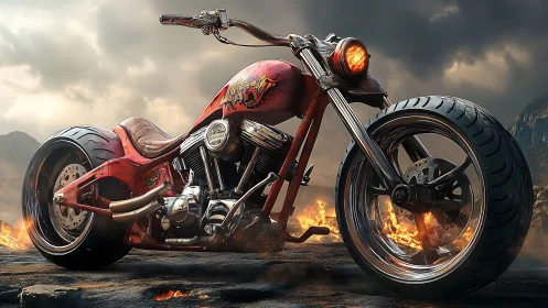 Fiery red chopper motorcycle roars over a smoldering wasteland