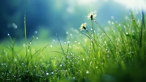 Dawnlit dew meadow where tiny wildflowers greet the day.