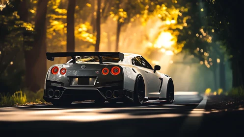Nissan GT-R rear three-quarter in golden forest backlight