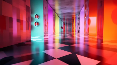 Color-saturated reflective corridor extends into deep perspective