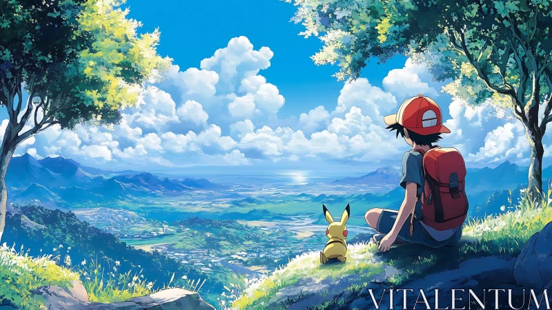 Boy and yellow creature overlooking bright valley vista.