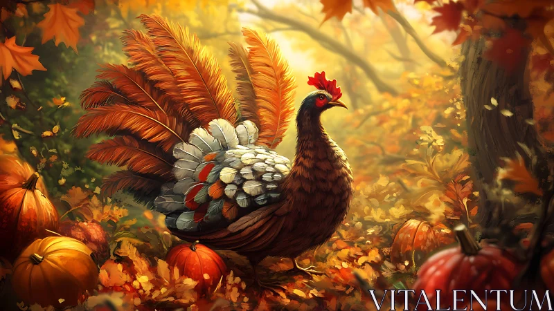 Digital painting of autumn turkey amid pumpkins and foliage.