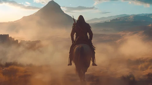 Lone rider carves a dusty path toward the sunlit mountain