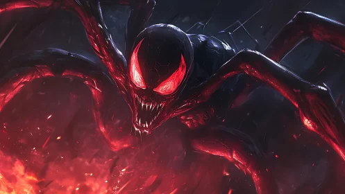 Fierce red-eyed spider creature rising from swirling fire.