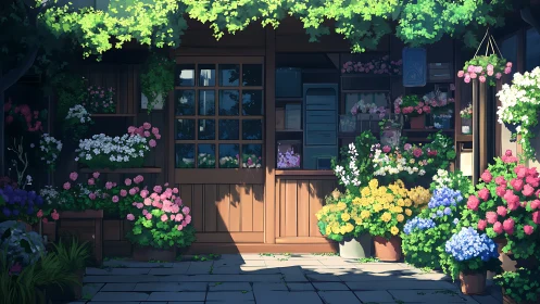 Lush Cottage Garden Entrance with Vibrant Hydrangea Blooms at Dawn.