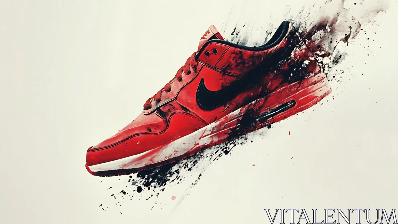 Red sneaker bursts through white space in paint explosion.