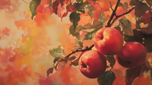 Autumn apples hang on sunlit branches in warm hues.