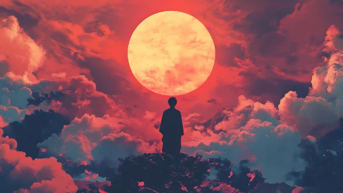 Solitary human silhouette beneath large sun over clouds.