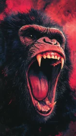 Gorilla head illustration with open mouth and extended fangs.