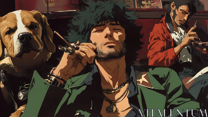 Triadic anime bar scene with cel-shaded lighting and strong chiaroscuro