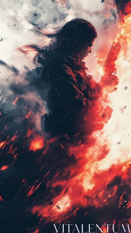 Blazing warrior stands calm in swirling fire and smoke