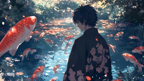 Figure in dark robe stands beside pond with numerous koi