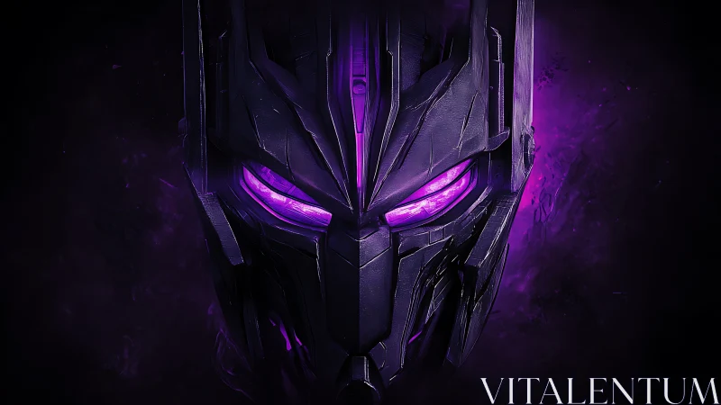 Dark metallic robot mask with glowing purple eyes.