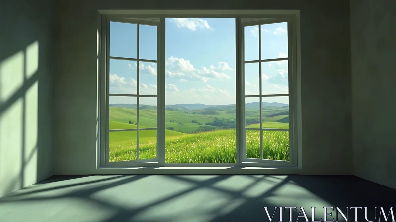 Sunlit window quietly opens a painted doorway to rolling fields