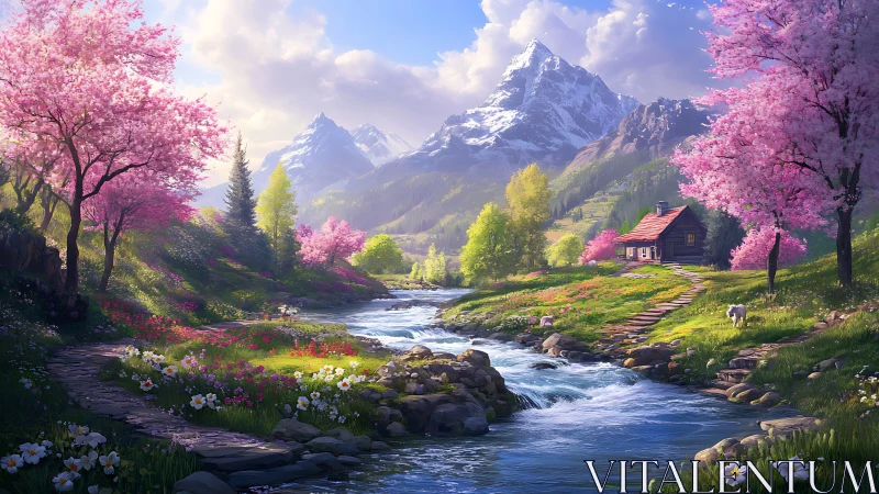 Mountain spring valley with river, blossoms, and cabin