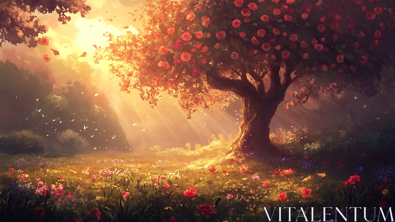 Sunlit rose tree dreaming in a glowing forest meadow.