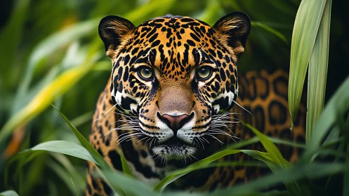 Jaguar close-up staring through dense green jungle leaves.