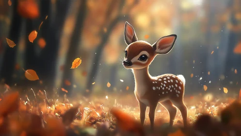 Autumn light illuminates stylized fawn in shallow forest bokeh