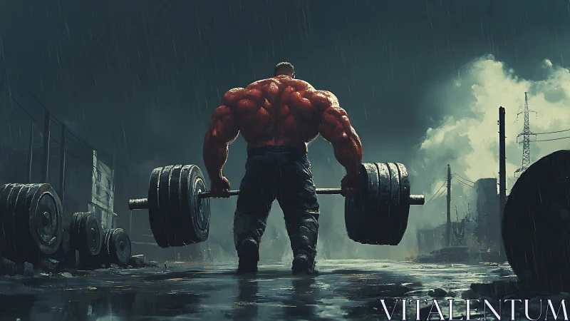Stormlit street strongman lifting impossible weight in rain.