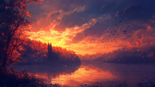 River landscape under vivid orange and violet sunset sky.