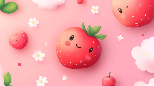 Kawaii style strawberries with faces on soft pink background.