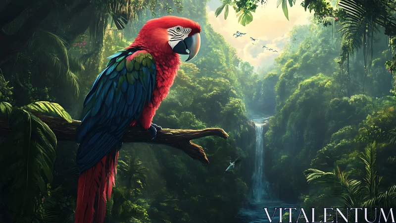 Scarlet macaw rendered in high-detail rainforest waterfall vista